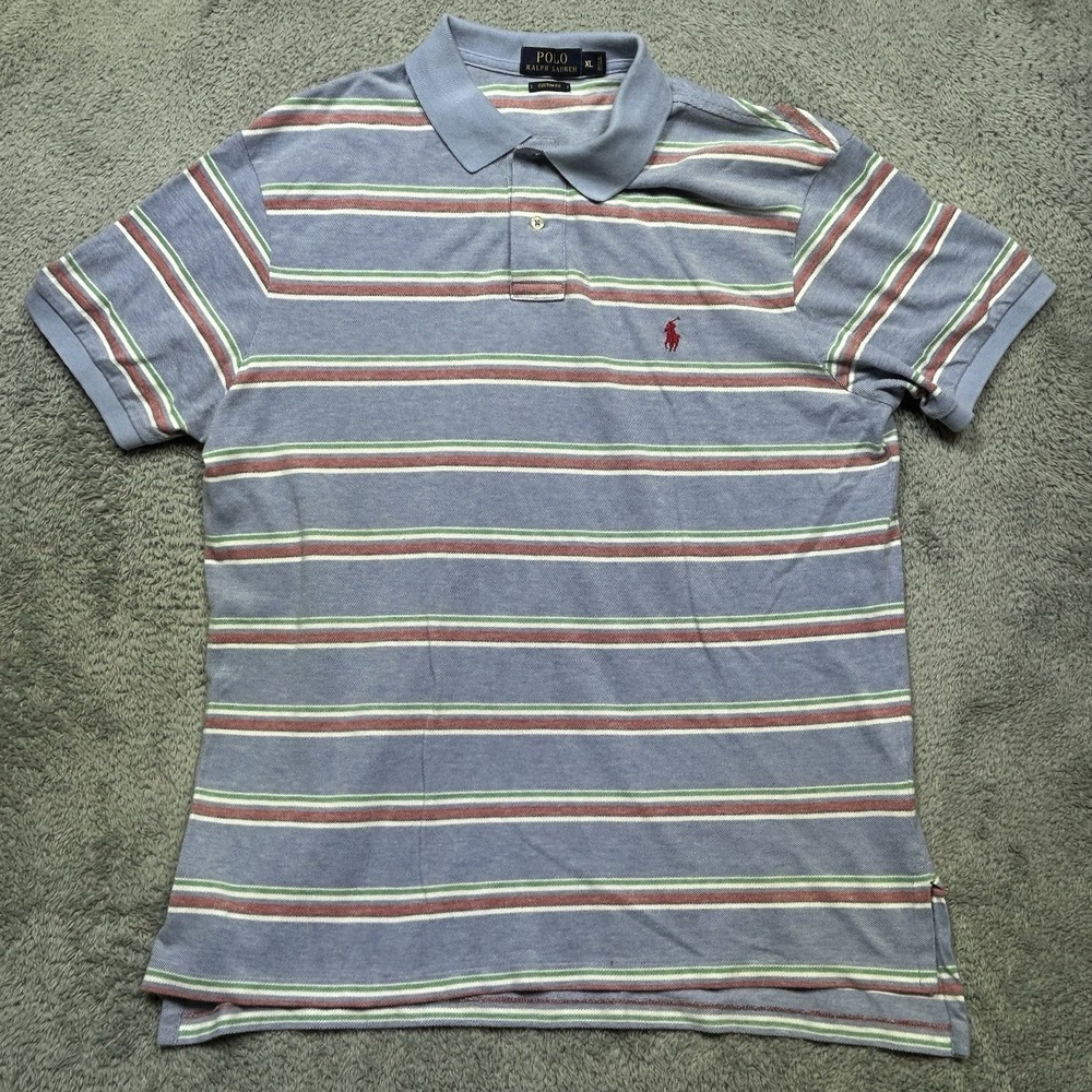 Ralph Lauren Polo Shirt Mens XL Blue Red White Striped Classic Fit Pony Casual